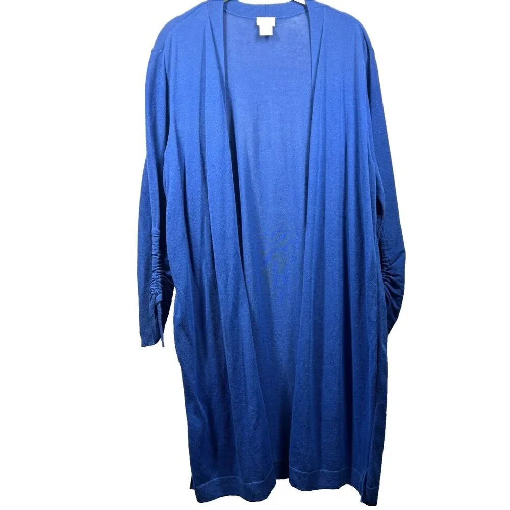 Chicos Women's Jacket Cardigan Size XL Royal Blue Ruched Arms Side Slits‎
